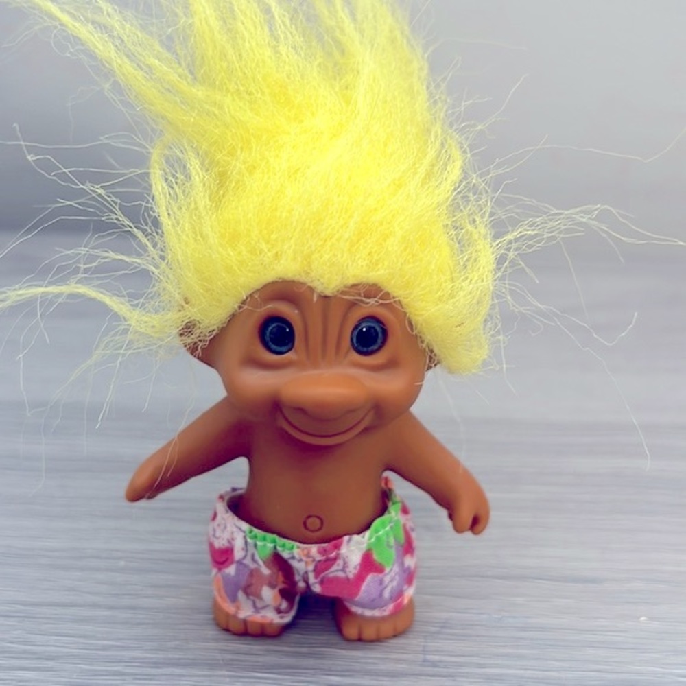 Vintage Troll with Blue Eyes, Yellow Hair and Floral Board Shorts, EUC